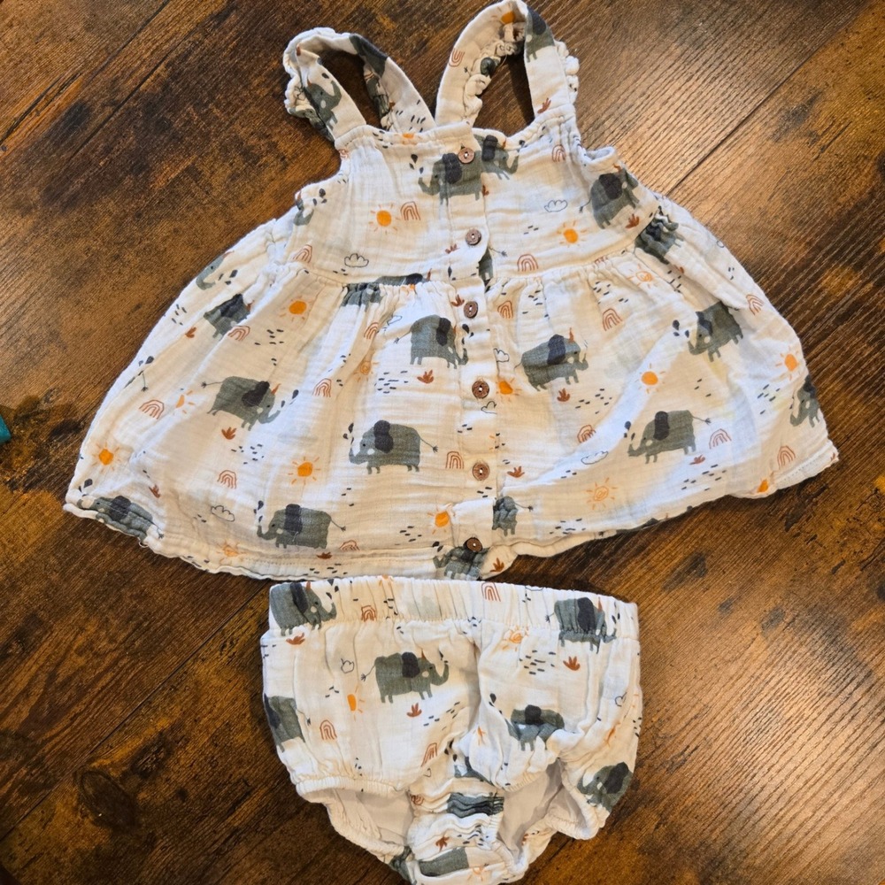 Viverano Organics Cotton Elephant Print Muslin Top and Bloomers‎ Set 6-12M